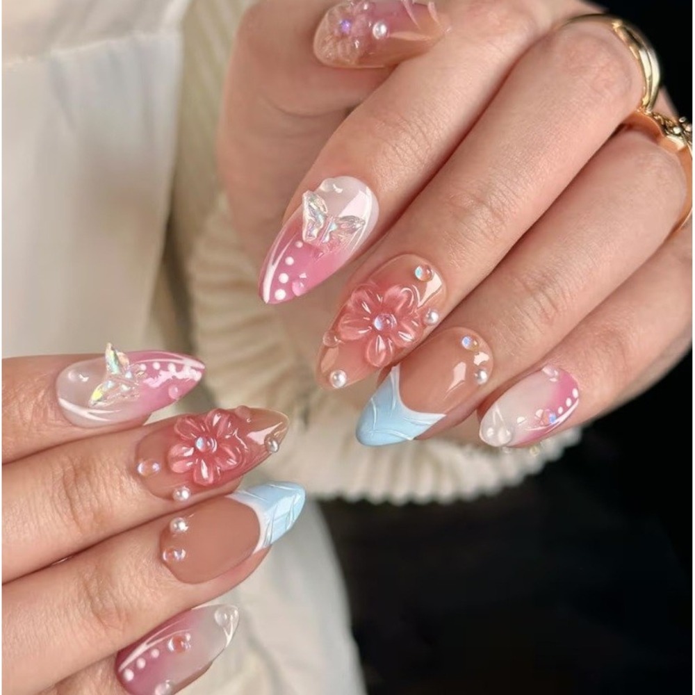 Kellys Choice Handmade 3D Gel Press On Nails Pink Floral Butterfly Almond Size S